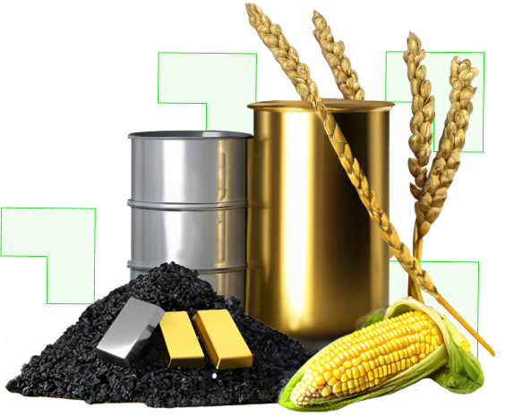 Oil barrels, gold bars, coal, wheat and corn